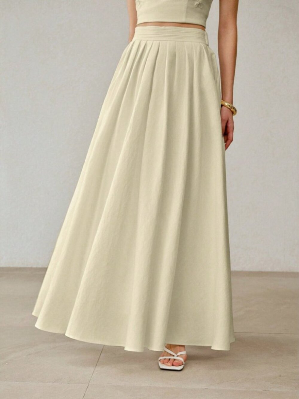 Cream Woven Pleated Waistband Flowy A-Line Maxi Skirt